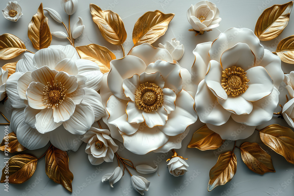 3D wall mural, white and gold flowers, leaves, details, in the style of Chinese artists. Created with Ai