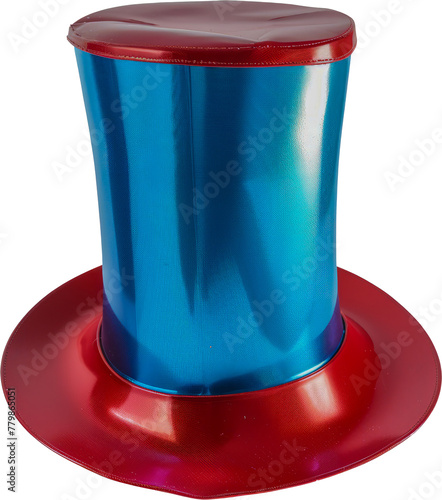 Striking red and blue shiny top hat, a classic costume accessory for performances and parties cut out on transparent background