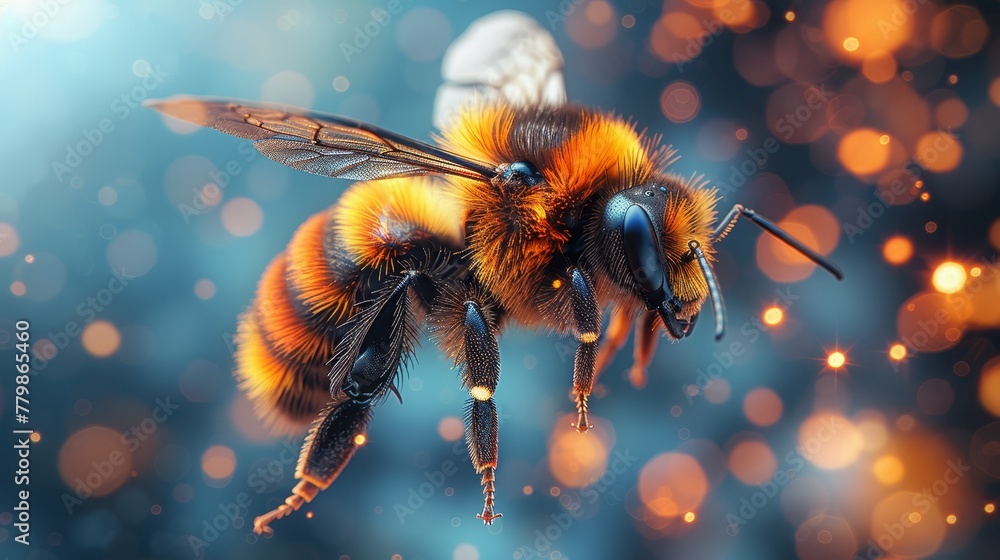   A tight shot of a bee mid-flight against a backdrop of softly blurred lights - obrazy, fototapety, plakaty 