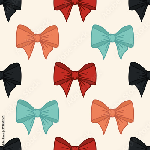 Seamless Pattern with Cartoon Bow Tie, Gift Bow on White Background. Bow Seamless Print, Vector Illustration