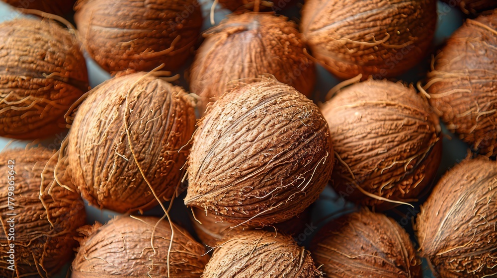 A stack of coconuts on a blue countertop, accompanied by another pile rested beside it A stack of coconuts on a blue countertop, accompanied by another pile rested beside it