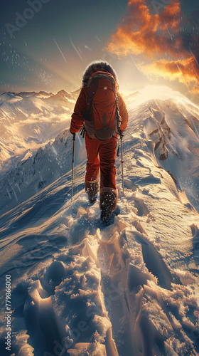 Antarctic Explorer, Fur-Trimmed Parka, Brave adventurer facing icy crevasses, Unfolding vast icy landscape, snowstorm, 3D render, Golden hour, Fish-eye Effect