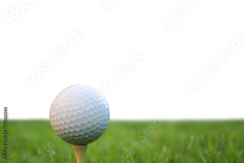 A golf ball sits on a golf tee on a green grass field.