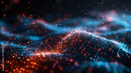 An abstract futuristic illustration showing data technology on a dark background with connected dots. 3D rendering. The visualization of big data.