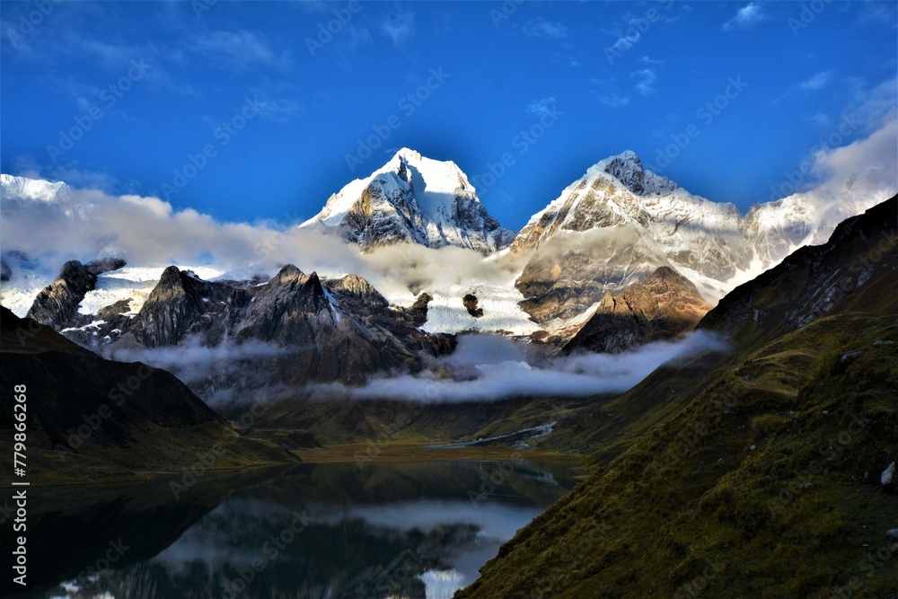 View of Yerupajá (6635 m), the second highest mountain in Peru and the highest in the Huayhuash mountain range, taken at dawn from a camp at Carhuacocha lake