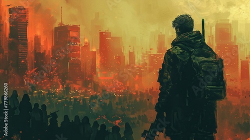 A teenage boy wielding a firearm observes a group of individuals in a post-apocalyptic metropolis, depicted in a digital art display with an illustrative painting technique. photo