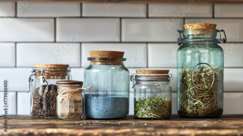 Rustic Kitchen Pantry with Assorted Spices in Glass Jars on Wooden Shelf