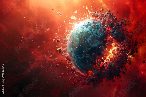 Planet Shattering into a Vibrant Red Nebula in a 3D Rendering