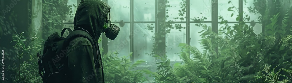 A lady wearing a protective gas mask is depicted standing inside a dilapidated factory surrounded by wild vegetation in a digital art, illustrated painting style.