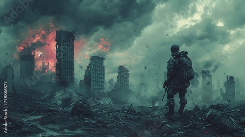 An armed soldier stands amid the wreckage of a devastated urban landscape in this digital painting depicting a post-apocalyptic scene. photo