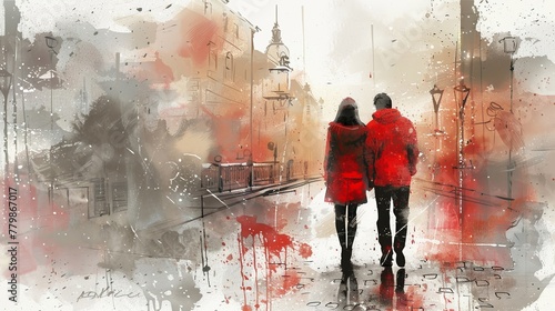 A pair dressed in red strolling along the city streets, captured in a hand-drawn sketch.