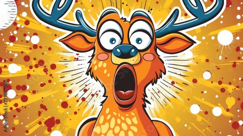  A cartoon image of a deer with a surprised expression and antlers atop its head