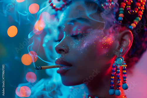 Closeup art fashion portrait of beautiful African woman  with colorful braids in neon colors smoking