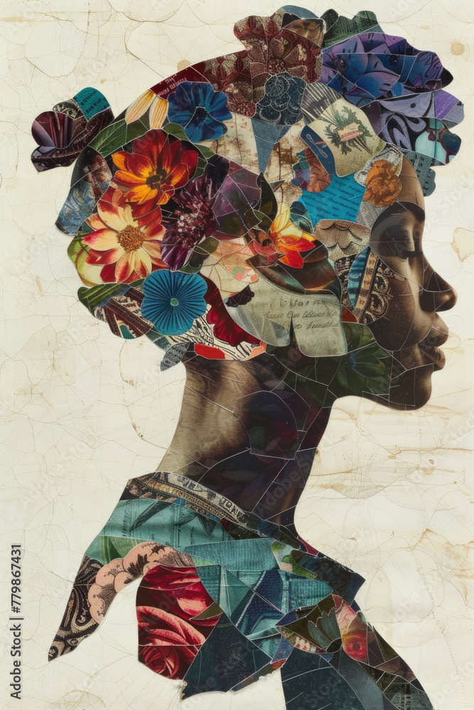 Obraz premium A collage showing a womans head covered with various colorful flowers, creating a unique and striking visual composition