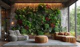 3d render of vertical garden on the wall in modern interior design, cozy sofa and armchairs around it. Created with Ai
