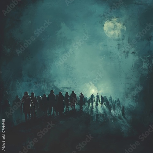 Zombie horde roaming dark streets on Halloween night, depicted in a digital art painting with a unique style.