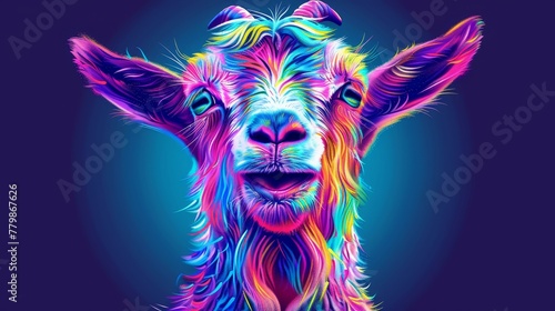 A tight shot of a vibrant goat's face against a deep purple backdrop, framed by a blue sky