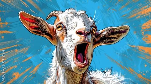   A painting of a goat with its mouth wide open photo