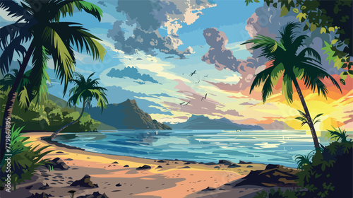 Digital painting of landscape beach at evening illustration