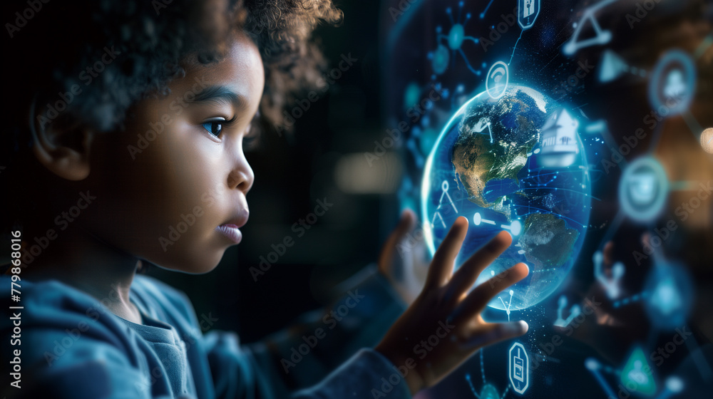 Naklejka premium Young Child Engaged with Interactive Digital Globe Technology