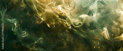 Olive green clouds of smoke creating mesmerizing patterns against a backdrop of rich gold.