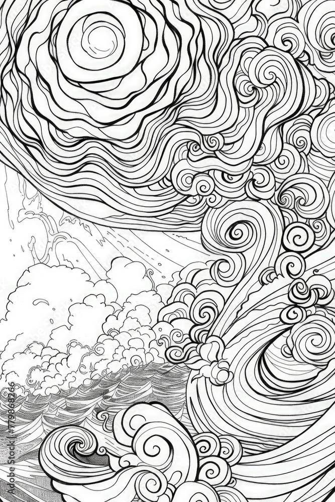 A detailed illustration featuring dynamic waves crashing against a cloudy sky in black and white A detailed illustration featuring dynamic waves crashing against a cloudy sky in black and white