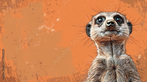  A tight shot of a meerkat against an orange backdrop, sporting a grunge-effect visage