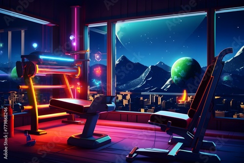 Galactic Gym: Intense Workout Under a Neon Cosmos