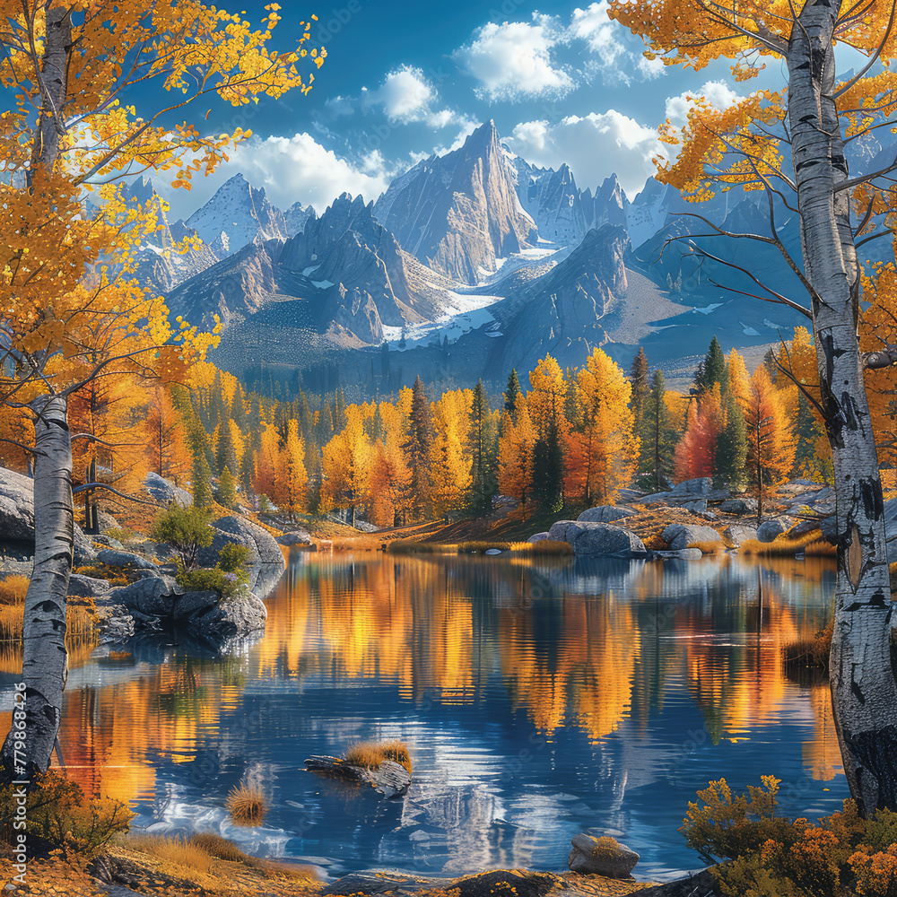 Autumn in the mountains with lake, Beautiful landscape. Created with Ai