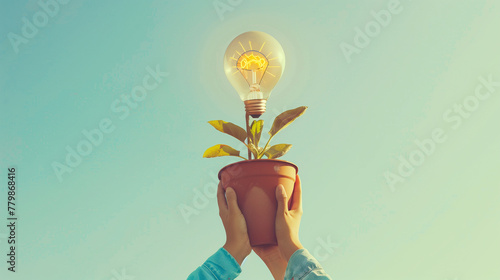 Eco Innovation Concept with Light Bulb and Green Plant in Pot