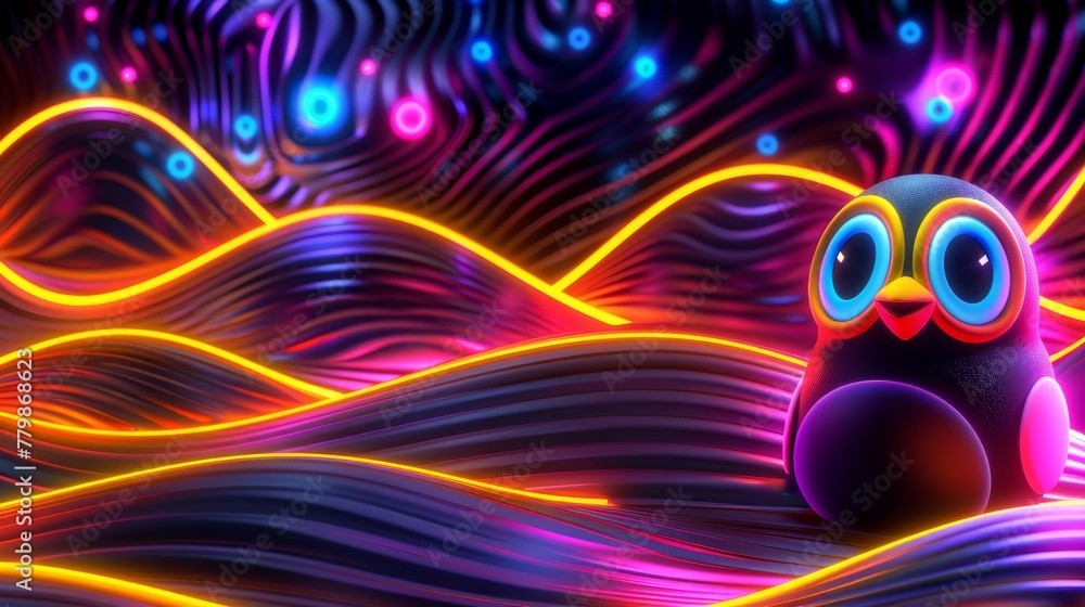 An owl, vibrant and colorful, sits in a field of undulating waves Background features bright lights An owl, vibrant and colorful, sits in a field of undulating waves Background features bright lights