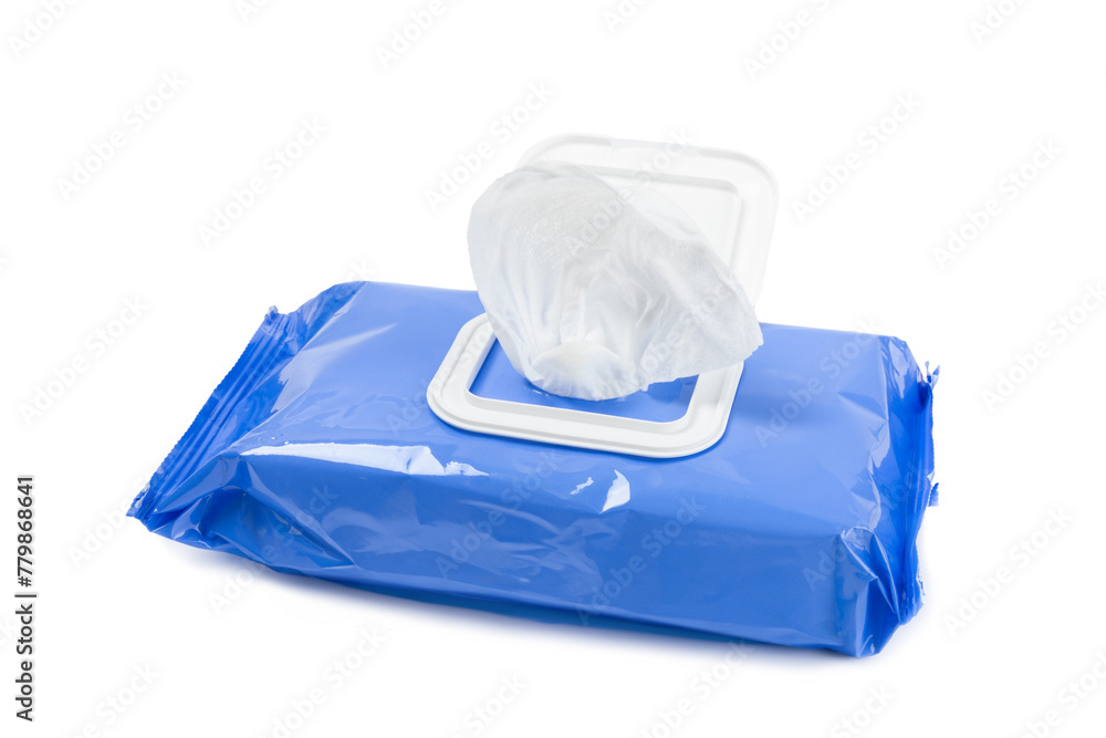 Obraz premium Pack of wet wipes isolated on white background. An open pack of hand and body wipes. Mockup. A clean packet of wet wipes. Place for text. Design