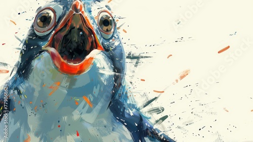   A painting of a bird with its mouth open widely photo