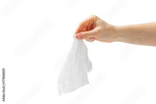 Pack of wet wipes in hands isolated on white background. An open pack of hand and body wipes. Mockup. A clean packet of wet wipes. Design. Place for text. Copy space.