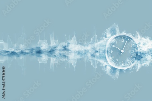 On a light blue backdrop, a visual representation of a sound wave elegantly turning into a clock.