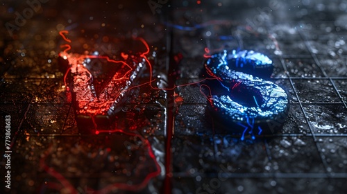 Letter VS for a two-team match. Logo concept for gaming and other competitions. Red and blue verse on black steel mesh background. photo