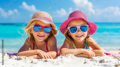 Bambine carine  sdraiate sulla sabbia che si godono il sole in riva al mare con cappellino alla moda e occhiali da sole , sorridenti, sfondo estivo al mare photo