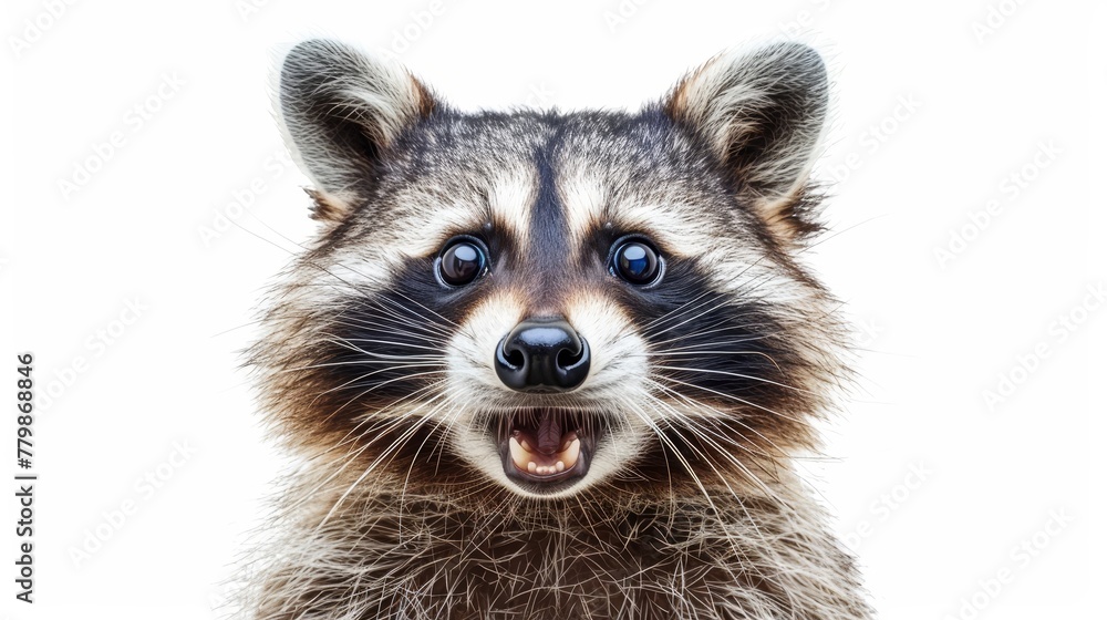  A tight shot of a raccoon's face with an opened mouth