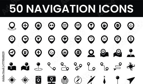 Location icon set. Containing maps, map pins, GPS, destination, directions, distance, places, navigation, routes and address icons. Solid fill icons vector collection.