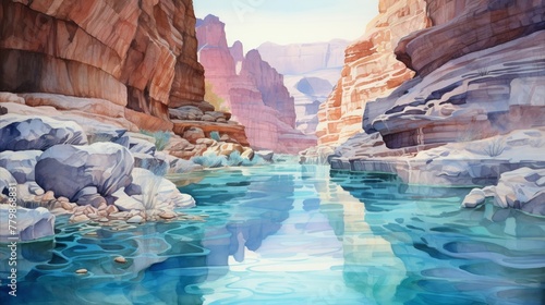 Otherworldly canyon with crystal river, watercolor, dusk, high angle