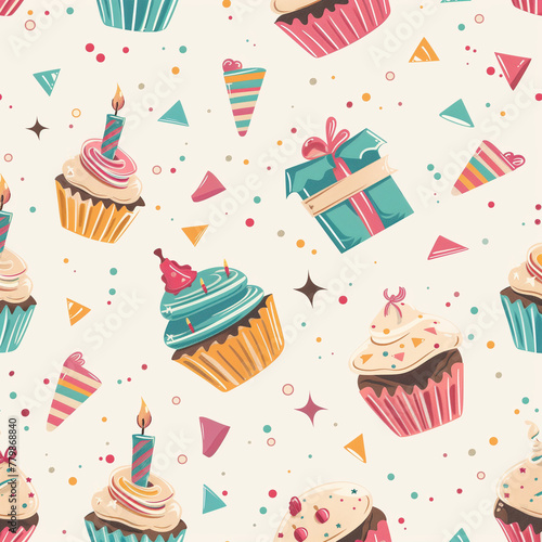 Vibrant Birthday Party Pattern with Cupcakes and Gifts Illustration
