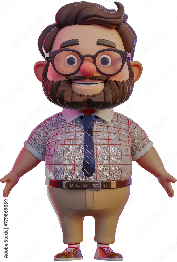 Fototapeta premium 3D animated teacher character with glasses and a red tie isolated cut out on transparent background