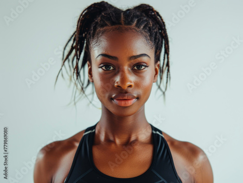 Atleta donna di colore  sicura di sé pronta per la corsa, sfondo bianco, treccine  photo