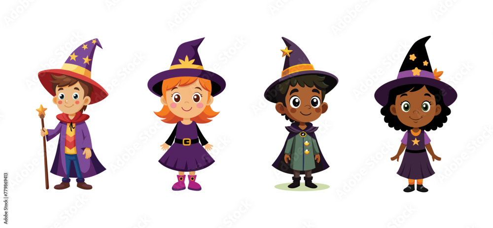 Enchanted kids in magical witch and wizard costumes, vector cartoon illustration. Enchanted kids in magical witch and wizard costumes, vector cartoon illustration.