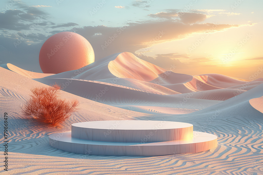 A podium in the desert with a round sun and sunset. Created with Ai