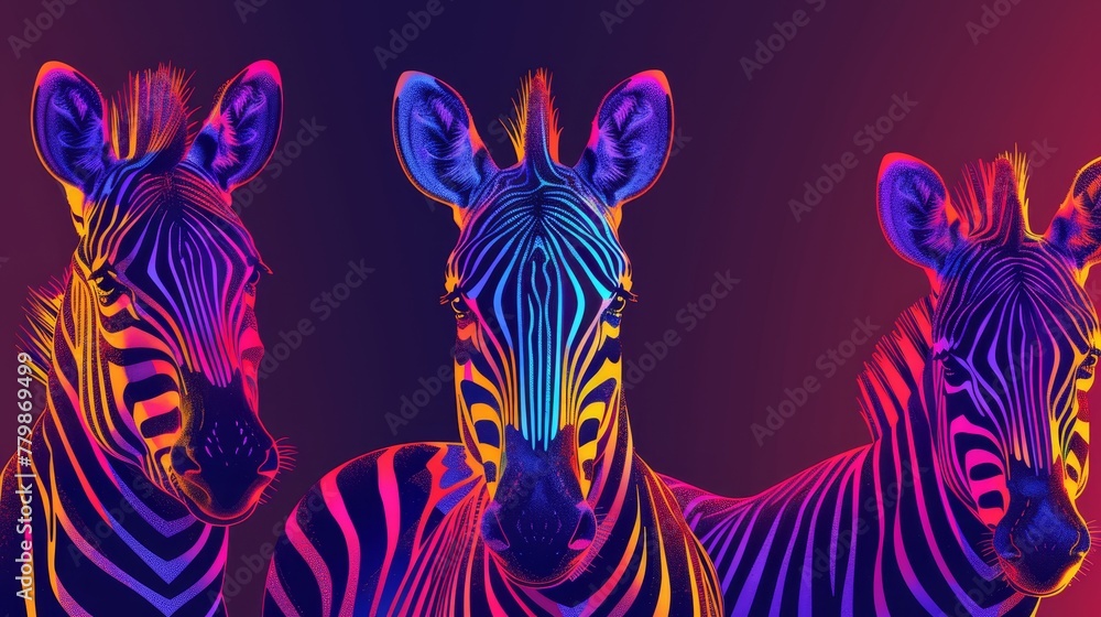 Fototapeta premium A pair of zebras adjacent on a purple and pink backdrop, with a red and blue background overlapping in the distance