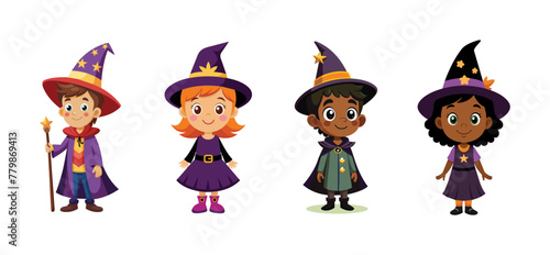Enchanted kids in magical witch and wizard costumes, vector cartoon illustration.