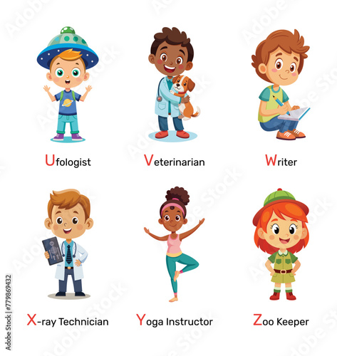 Children as Professionals, educational vector cartoon illustration. Cheerful Kids in Geologist, Historian, and IT Product Manager attire, inspiring future careers. Alphabet part 3.