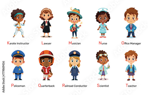 Children as Professionals, lively vector cartoon illustration. Animated Kids portraying Doctor, Electrician, and Farmer roles. Alphabet part 2.