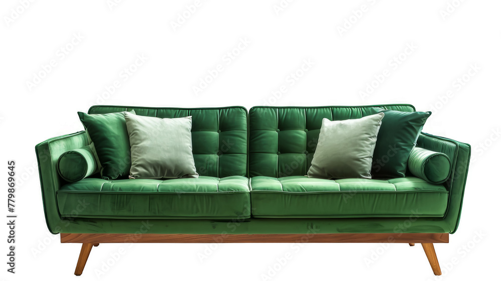 Emerald green tufted sofa with matching pillows and round bolster against a transparent backdrop transparent background Emerald green tufted sofa with matching pillows and round bolster against a transparent backdrop transparent background
